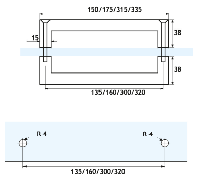 ROČAJ S KVADRATNO CEVJO 15X15MM  DOLG 315MM MED300 MM POLIRAN