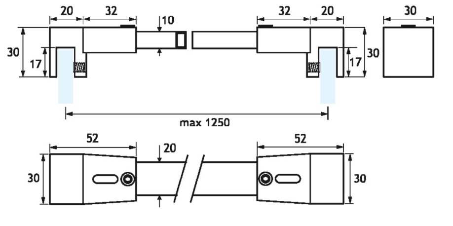 GH QB08 Barra Fermavetro Sezione Rettangolare V-V 90° Asta S.10X20 L.1200mm