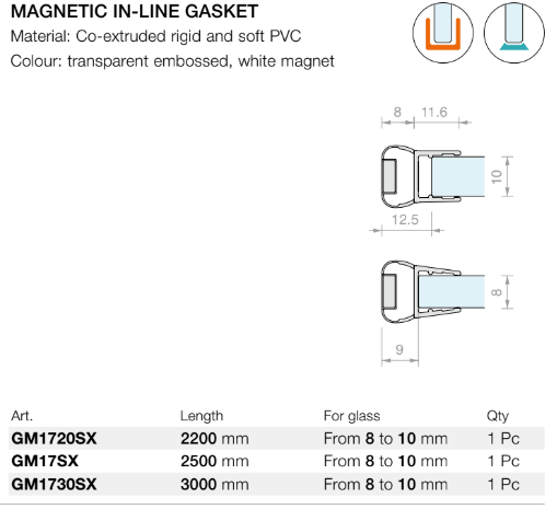 Left inline magnetic shower seal for 8/10mm glass, L2500mm