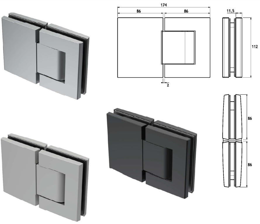 PAIR ADJUS. HYDRAULIC HINGES - GLASS-GLASS 180°